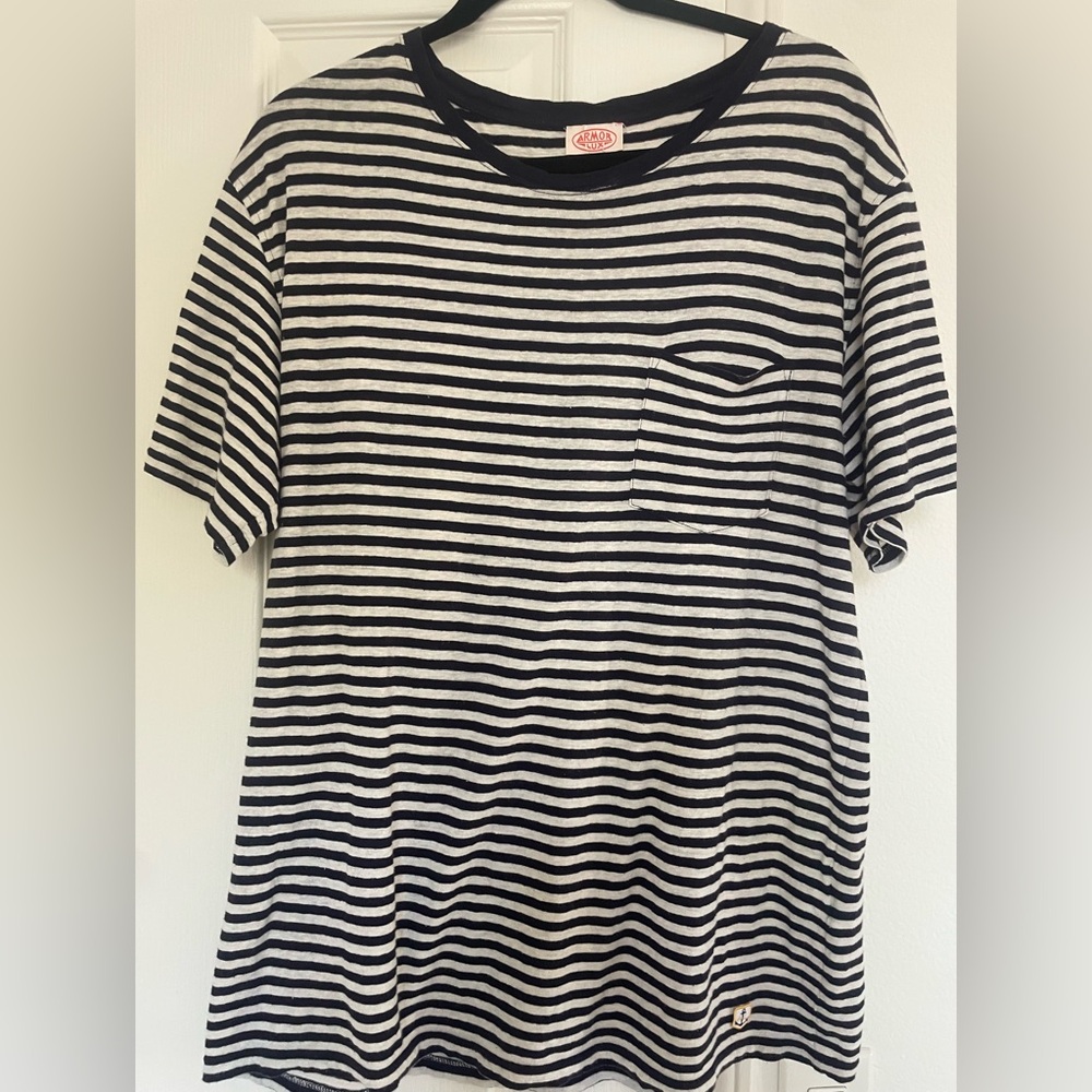 Men’s Armor Lux Navy and Cream Striped T-Shirt with Pocket